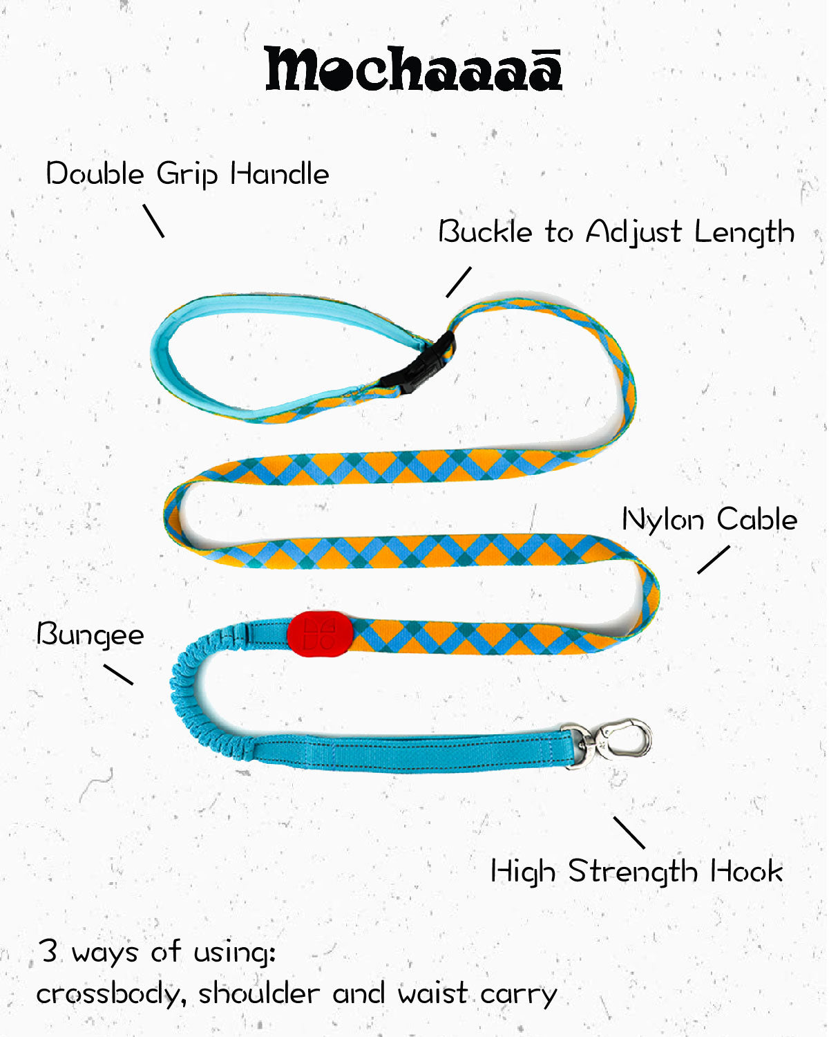 Sunrise color hands-free dog leash with blue and orange geometric pattern – adjustable, stretchable nylon leash with padded handle and metal clip for walking, training, and outdoor use